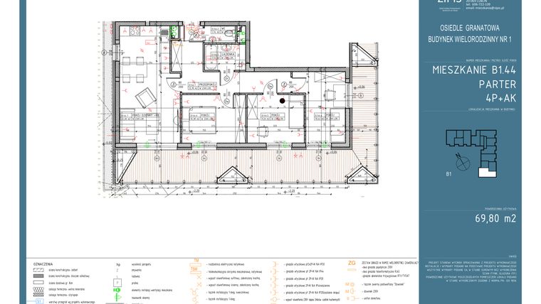 Rzut - Mieszkanie na sprzedaż 4 pokoje o powierzchni 69,8 m² - numer B1.44 w Osiedle Granatowa