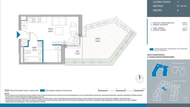 Rzut - Mieszkanie na sprzedaż 1 pokój o powierzchni 27,1 m² - numer FA0005 w Spokojny Mokotów etap II