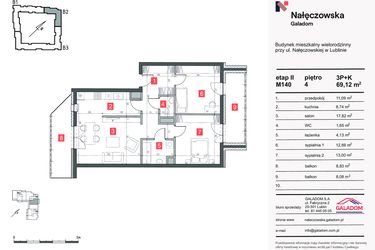 Rzut - Mieszkanie na sprzedaż 3 pokoje o powierzchni 69,12 m² - numer M-140 w Nałęczowska etap II