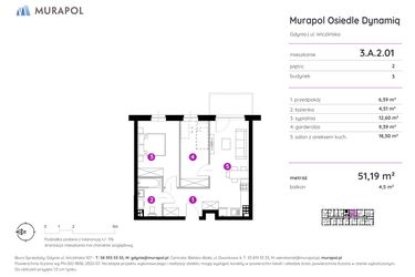 Rzut - Mieszkanie na sprzedaż 2 pokoje o powierzchni 51,19 m² - numer 3.A.2.01 w Murapol Osiedle Dynamiq