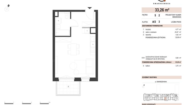 Rzut - Mieszkanie na sprzedaż 1 pokój o powierzchni 33,26 m² - numer A/3/5.2 w Smardzewska 8
