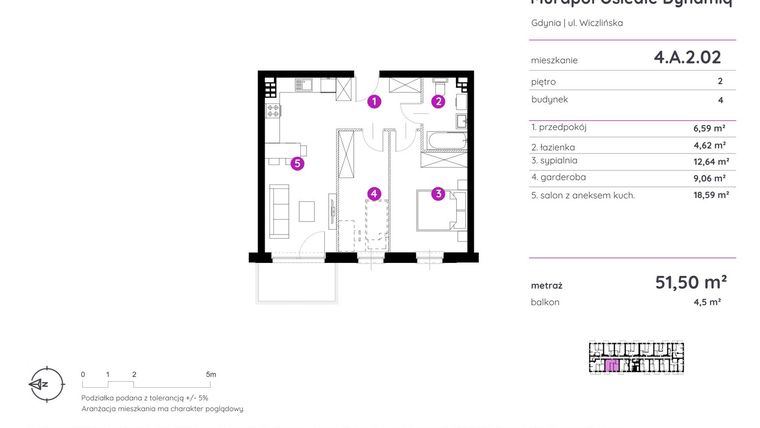 Rzut - Mieszkanie na sprzedaż 2 pokoje o powierzchni 51,5 m² - numer 4.A.2.02 w Murapol Osiedle Dynamiq