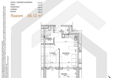 Rzut - Mieszkanie na sprzedaż 2 pokoje o powierzchni 38,12 m² - numer S.03.38 w Sobieskiego 29