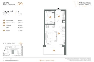 Rzut - Mieszkanie na sprzedaż 1 pokój o powierzchni 25,15 m² - numer 9 w Witkiewicza Apartments