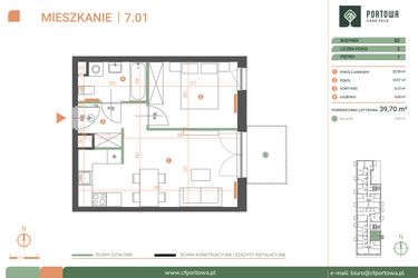 Rzut - Mieszkanie na sprzedaż 2 pokoje o powierzchni 39,7 m² - numer M.07.01 w Casa Feliz Portowa