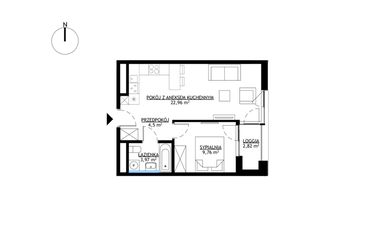 Rzut - Mieszkanie na sprzedaż 2 pokoje o powierzchni 41,19 m² - numer M22 w KrakoVska etap 2