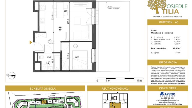 Rzut - Mieszkanie na sprzedaż 2 pokoje o powierzchni 41,42 m² - numer A3/0/2 w Osiedle Tilia