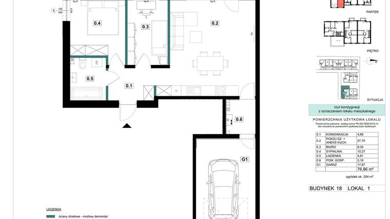Rzut - Mieszkanie na sprzedaż 3 pokoje o powierzchni 76,86 m² - numer 18-1 w Błonie Bosco