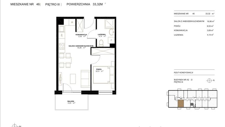 Rzut - Mieszkanie na sprzedaż 2 pokoje o powierzchni 33,32 m² - numer A2.2/46 w Altro A2/2
