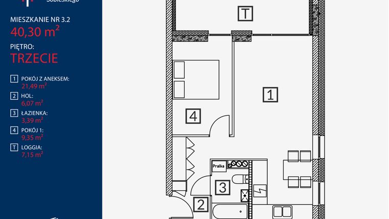 Rzut - Mieszkanie na sprzedaż 2 pokoje o powierzchni 40,3 m² - numer B2.M.3.2 w Tarasy Sobieskiego