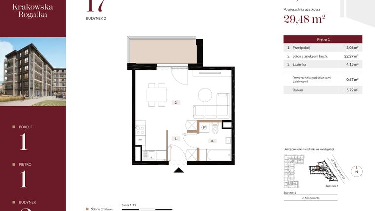 Rzut - Mieszkanie na sprzedaż 1 pokój o powierzchni 30,15 m² - numer 2.M17 w Krakowska Rogatka
