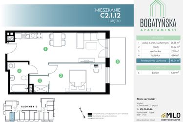 Rzut - Mieszkanie na sprzedaż 2 pokoje o powierzchni 48,04 m² - numer C2.1.12 w Bogatyńska Apartamenty etap 3
