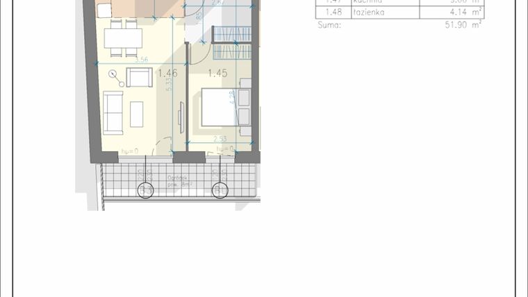 Rzut - Mieszkanie na sprzedaż 2 pokoje o powierzchni 51,9 m² - numer 8 w Residence Przewóz 41