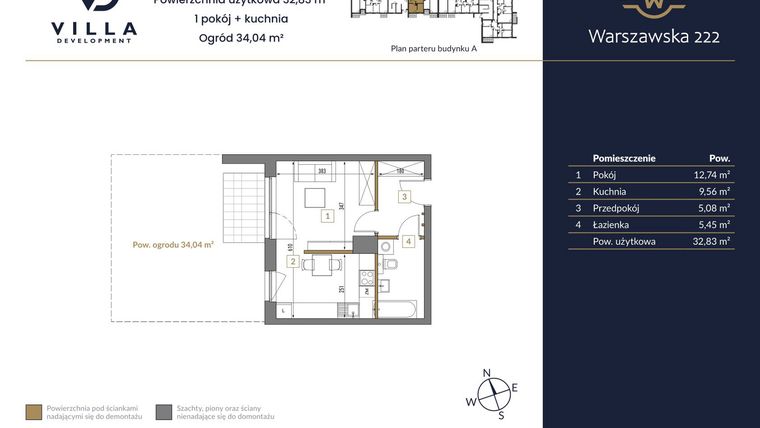 Rzut - Mieszkanie na sprzedaż 1 pokój o powierzchni 32,83 m² - numer 43A w Warszawska 222