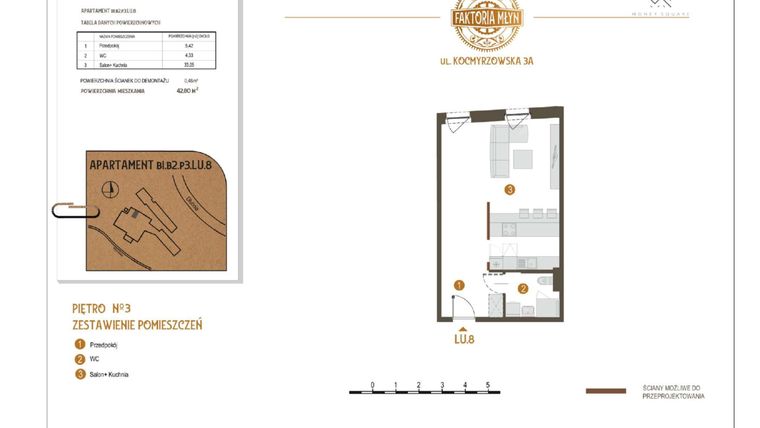 Rzut - Lokal użytkowy na sprzedaż 1 pokój o powierzchni 42,98 m² - numer B1.B2.P3.LU.8 w Faktoria Młyn
