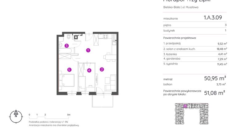 Rzut - Mieszkanie na sprzedaż 2 pokoje o powierzchni 51,08 m² - numer 1.A.3.09 w Murapol Trzy Lipki
