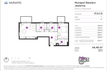 Rzut - Mieszkanie na sprzedaż 4 pokoje o powierzchni 64,54 m² - numer 17.A.1.5 w Murapol Siewierz Jeziorna