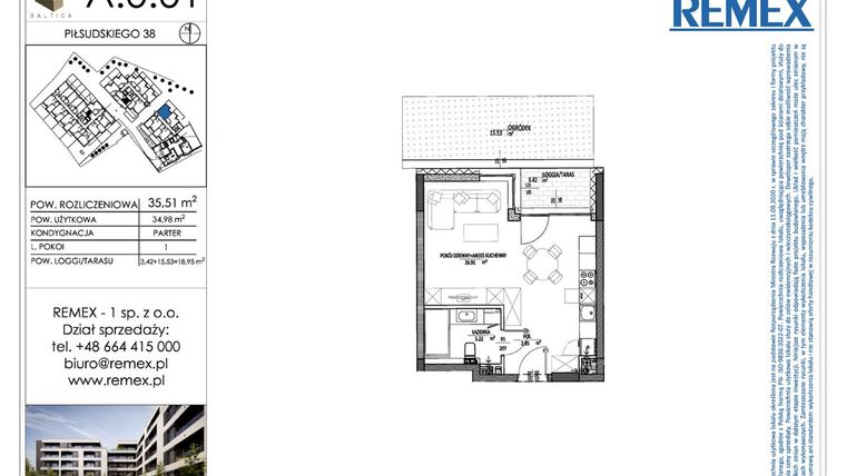 Rzut - Mieszkanie na sprzedaż 1 pokój o powierzchni 35,51 m² - numer A.0.01 w Osiedle BALTICA