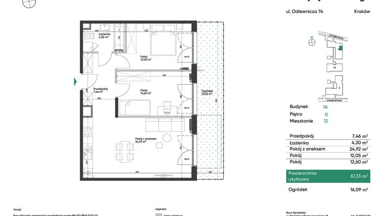 Rzut - Mieszkanie na sprzedaż 3 pokoje o powierzchni 61,33 m² - numer 1A_M12 w U Przybyszewskiego etap 4