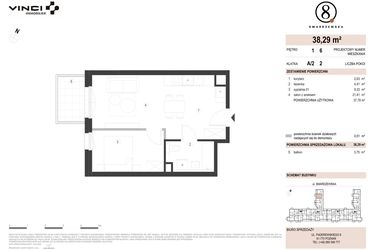 Rzut - Mieszkanie na sprzedaż 2 pokoje o powierzchni 38,29 m² - numer A/2/1.6 w Smardzewska 8