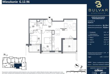 Rzut - Mieszkanie na sprzedaż 3 pokoje o powierzchni 80,97 m² - numer G.12.96 w Bulvar Apartments - etap I