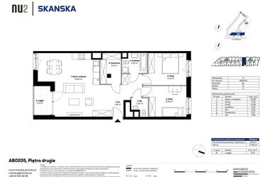 Rzut - Mieszkanie na sprzedaż 3 pokoje o powierzchni 75,07 m² - numer AB0205 w NU2 Warszawa Wola