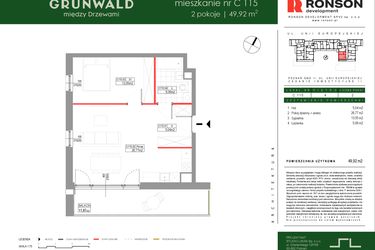 Rzut - Mieszkanie na sprzedaż 2 pokoje o powierzchni 49,92 m² - numer C115 w Grunwald Między Drzewami etap III