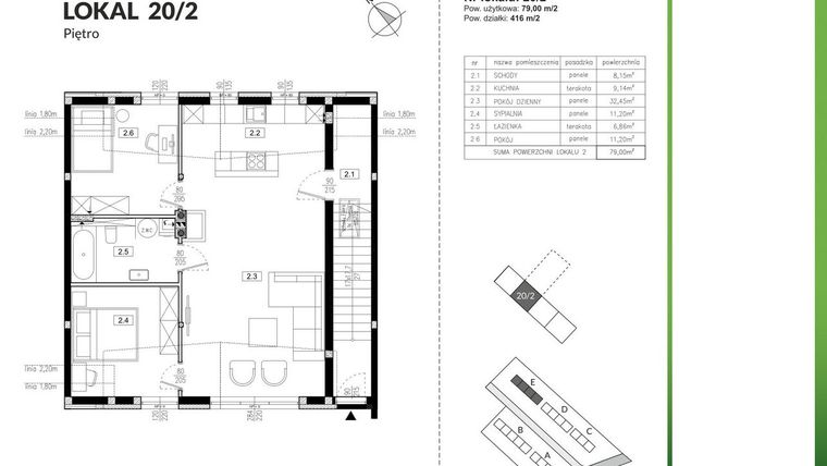 Rzut - Mieszkanie na sprzedaż 3 pokoje o powierzchni 79 m² - numer 20/2 w Szczęśliwa Polana