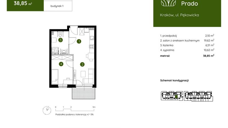 Rzut - Mieszkanie na sprzedaż 2 pokoje o powierzchni 38,85 m² - numer 1.B.0.03 w Murapol Prado
