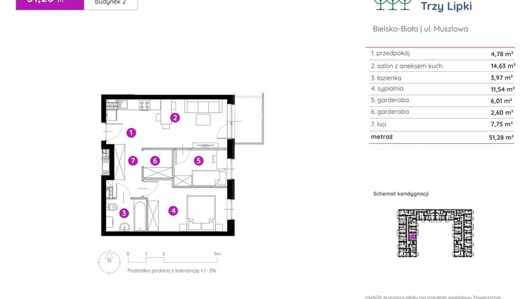 Rzut - Mieszkanie na sprzedaż 2 pokoje o powierzchni 51,28 m² - numer 2.A.2.12 w Murapol Trzy Lipki etap II