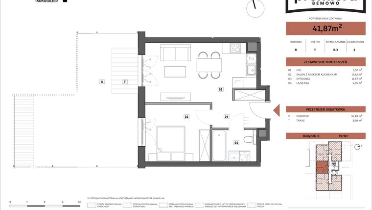 Rzut - Mieszkanie na sprzedaż 2 pokoje o powierzchni 41,87 m² - numer B.03 w Premiera Bemowo