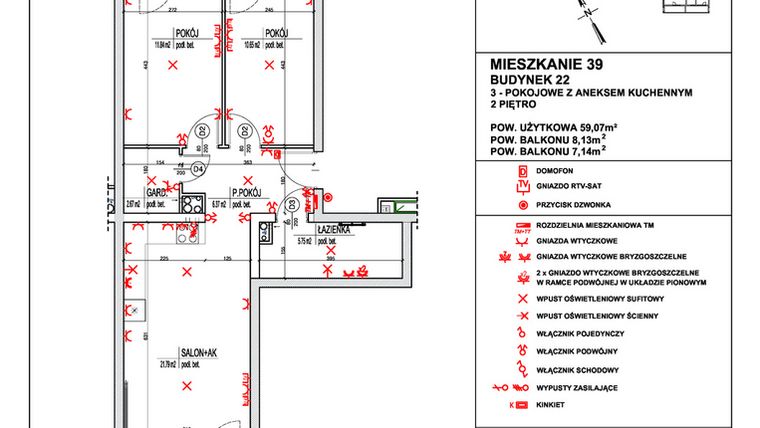 Rzut - Mieszkanie na sprzedaż 3 pokoje o powierzchni 59,07 m² - numer 39 w Osiedle 4 Pory Roku - Etap VIII