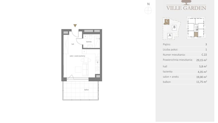Rzut - Mieszkanie na sprzedaż 1 pokój o powierzchni 29,15 m² - numer C.22 w Ville Garden