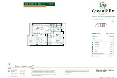 Rzut - Mieszkanie na sprzedaż 3 pokoje o powierzchni 69,34 m² - numer 22.2 w Green Ville