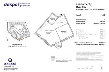 Rzut - Mieszkanie na sprzedaż 1 pokój o powierzchni 44,23 m² - numer 1.18 w OVAL SKY