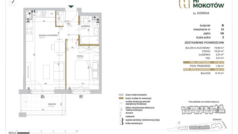 Rzut - Mieszkanie na sprzedaż 2 pokoje o powierzchni 37,08 m² - numer A1.B.31 w Hi Mokotów