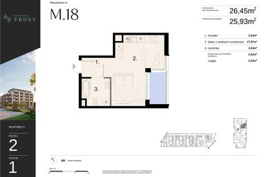 Rzut - Mieszkanie na sprzedaż 1 pokój o powierzchni 26,45 m² - numer C - M.18 w Dzielnica Trust - etap I