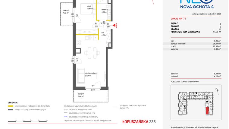 Rzut - Mieszkanie na sprzedaż 2 pokoje o powierzchni 47,03 m² - numer 75 w Neo Nova Ochota 4