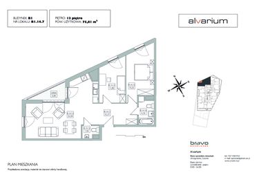 Rzut - Mieszkanie na sprzedaż 3 pokoje o powierzchni 75,43 m² - numer B1.14.7 w Alvarium 2.0