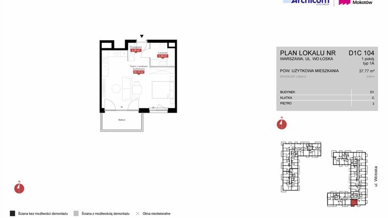 Rzut - Mieszkanie na sprzedaż 1 pokój o powierzchni 37,77 m² - numer D1C 104 w Modern Mokotów etap 4, budynek D1 i D2