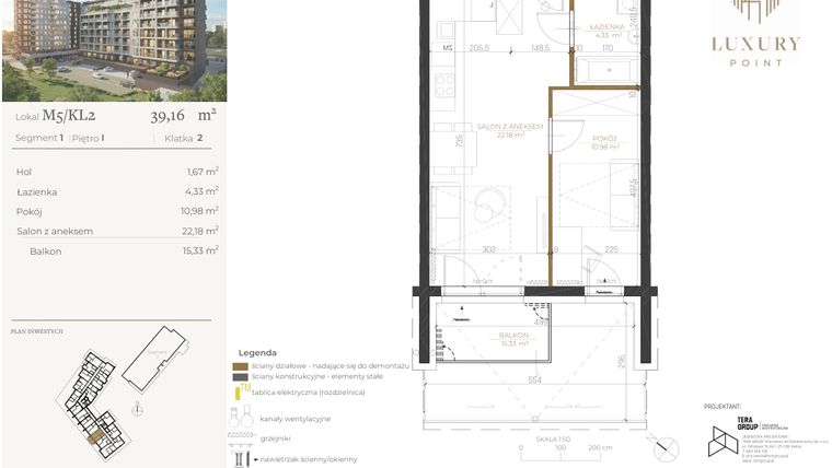 Rzut - Mieszkanie na sprzedaż 2 pokoje o powierzchni 39,16 m² - numer M5/KL2 w LUXURY POINT