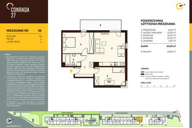 Rzut - Mieszkanie na sprzedaż 3 pokoje o powierzchni 65,89 m² - numer A2.36 w Conrada 27