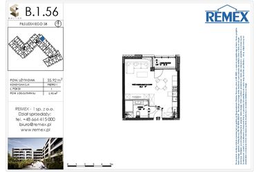 Rzut - Mieszkanie na sprzedaż 1 pokój o powierzchni 35,92 m² - numer B.1.56 w Osiedle BALTICA