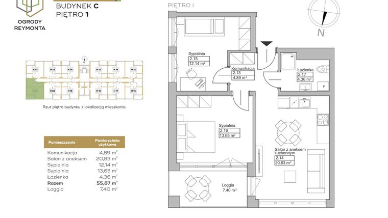 Rzut - Mieszkanie na sprzedaż 3 pokoje o powierzchni 55,87 m² - numer M21 w Ogrody Reymonta