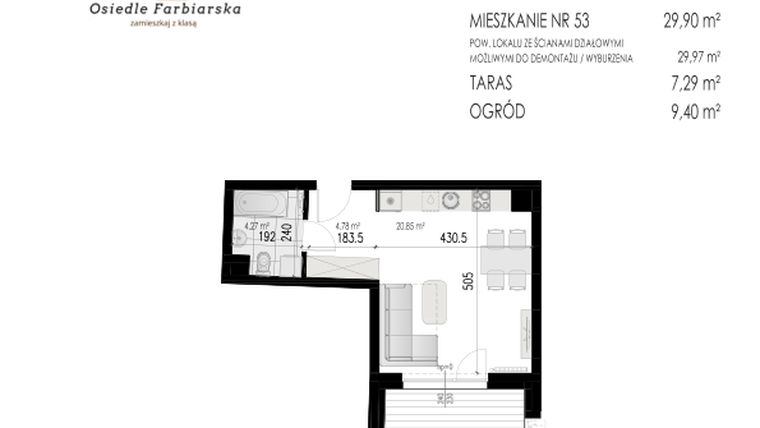 Rzut - Mieszkanie na sprzedaż 1 pokój o powierzchni 29,9 m² - numer B.53 w Osiedle Farbiarska II