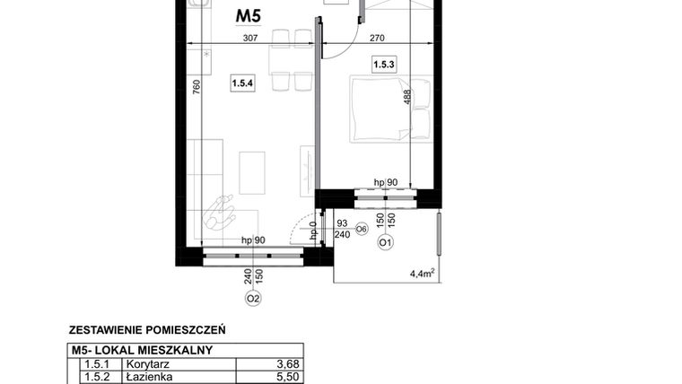 Rzut - Mieszkanie na sprzedaż 2 pokoje o powierzchni 42,99 m² - numer M5 w Miejska Premium II