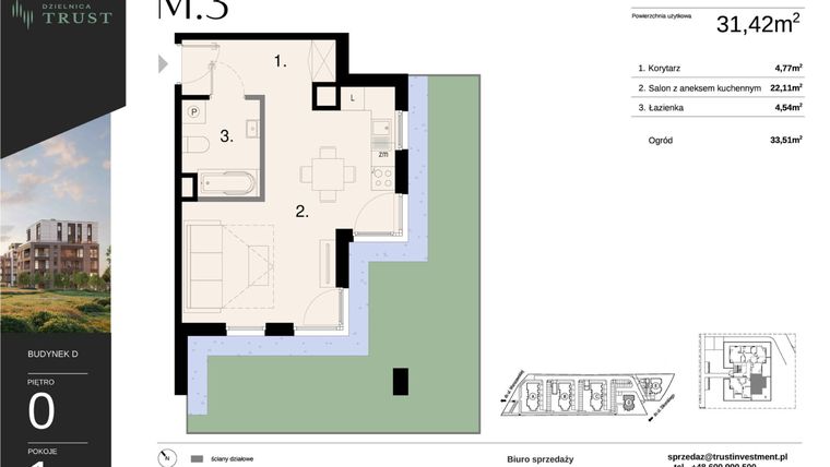 Rzut - Mieszkanie na sprzedaż 1 pokój o powierzchni 31,42 m² - numer D - M.3 w Dzielnica Trust