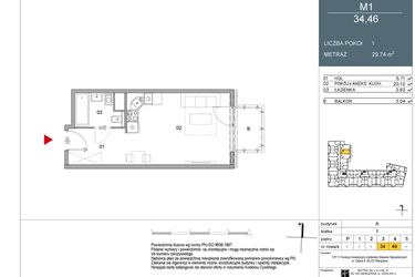 Rzut - Mieszkanie na sprzedaż 1 pokój o powierzchni 29,74 m² - numer 34 w Morwowa 5