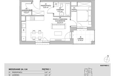 Rzut - Mieszkanie na sprzedaż 2 pokoje o powierzchni 43,68 m² - numer 2A.1.04 w Francuska Park VIIIA