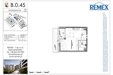 Rzut - Mieszkanie na sprzedaż 1 pokój o powierzchni 35,8 m² - numer B.0.45 w Osiedle BALTICA